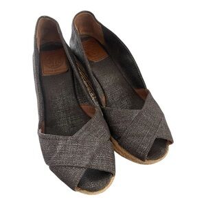 Tory Burch "Filipa" Pewter Metallic Linen Crisscross Wedge Espadrille